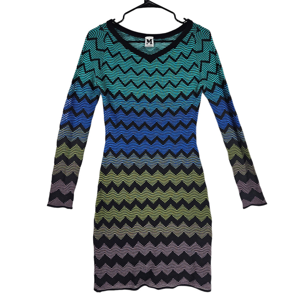 Missoni Womens Sweater Dress EU 42 US 6 Bodycon Chevron Blue Green Purple Retro